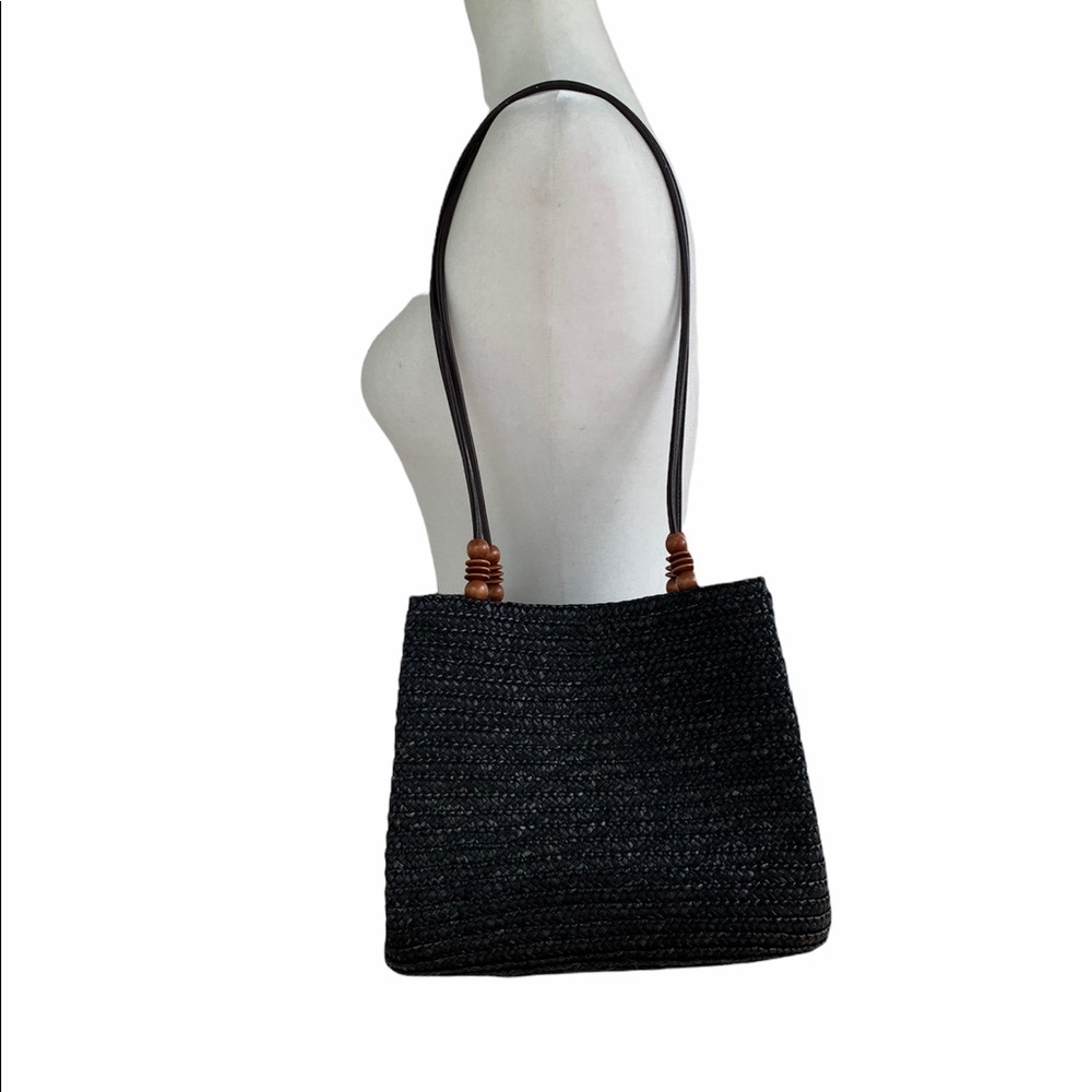 Vintage Black Woven Shoulder Bag with Beaded Detail